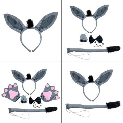 6 Pcs Festival Party Hairy Donkey Headband Hair Hoop Nose Tail Tie Gloves Set Halloween Christmas Cosplay Headwear