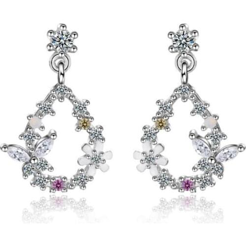 New Fresh Beautiful Water Drop Temperament Flower 925 Sterling Silver Jewelry Personality Butterfly Women Stud Earrings SE840