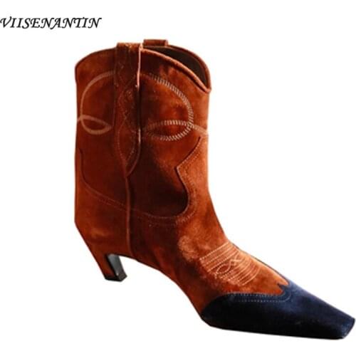 New Square Toe Stiletto Small Martin Boots Womens Embroidered Color Matching Stitching Low-heel Cowboy Western Short Boots