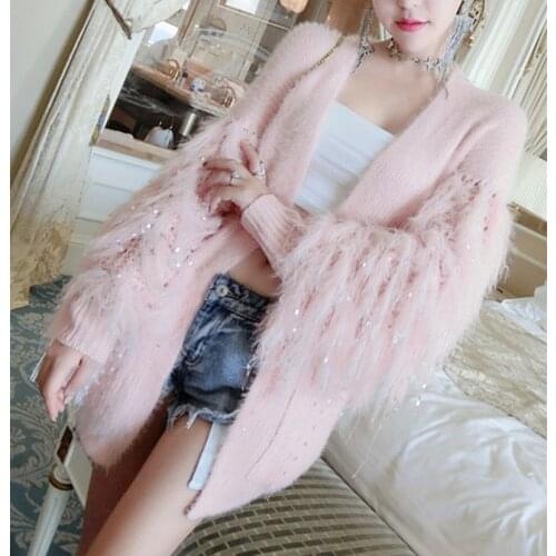 Autumn tassel Sleeve Sweater Cardigans Women long sleeve Pink knitted