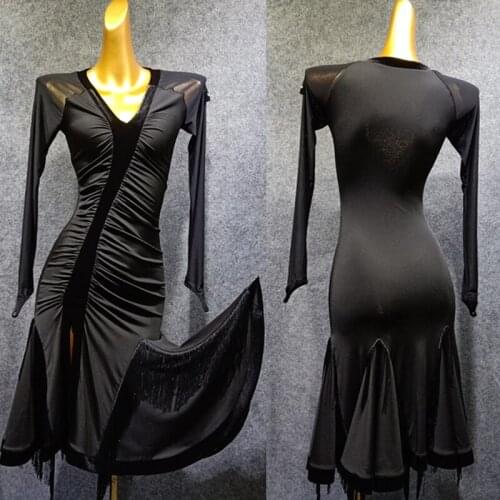 Latin Dance Autumn Dress Women Competition Dresses New Fold Dancing Dress Fringe Dance Skirt Ballroom Long Sleeve Dress VDB1076