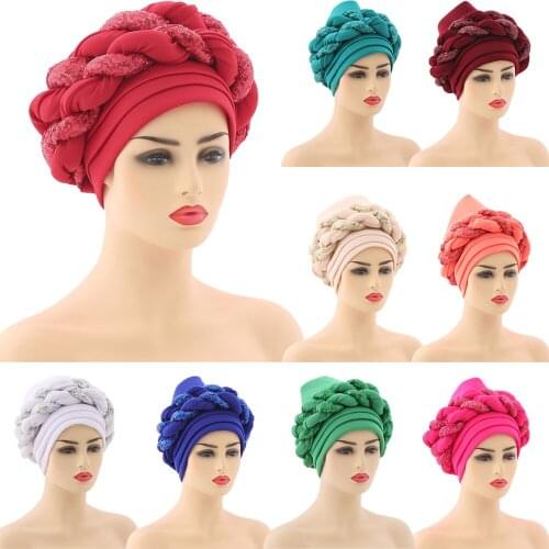 African Auto Geles Aso Oke Headtie Already Made Headties Sequins Braid Turban Cap Women Ready Muslim Hijab Bonnet Hat Head Wraps