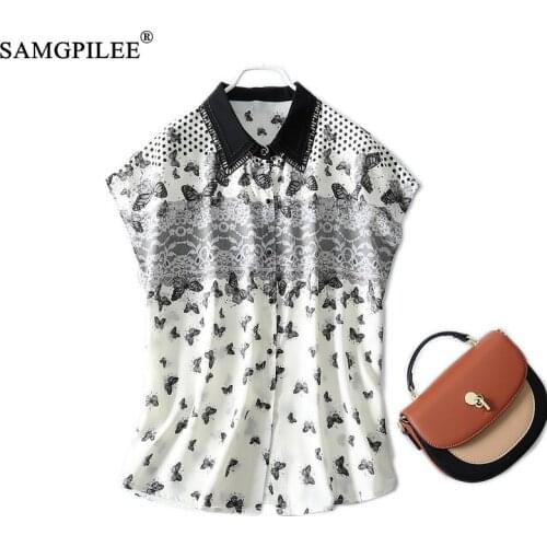 Summer 2021 New Fashion Ink Painting Retro Peter Pan Collar Short Sleeve Single-breasted Chiffon Plus Size Blouses Female 4XL