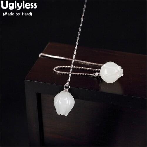 Uglyless Natural White Jade Lotus Long Earrings for Women 100% Genuine Solid 925 Silver Ear Line Handmade Flower Fine Jewelry