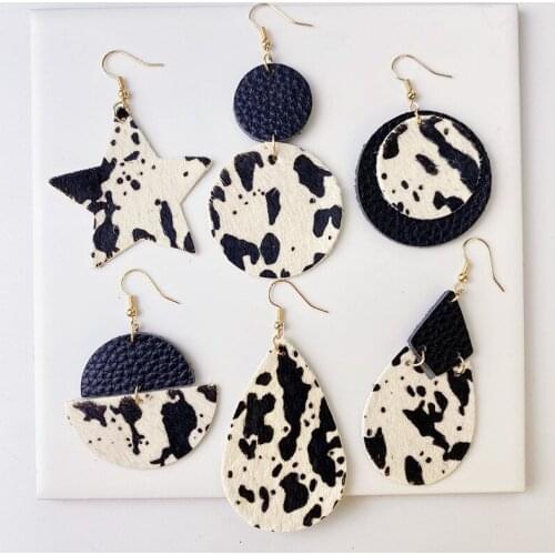 Genuine Cowhide Leather Earrings for Women Bull Head Horse Hair Cow Pattern Round Star Pendant Dangle Earrings Leather Jewelry
