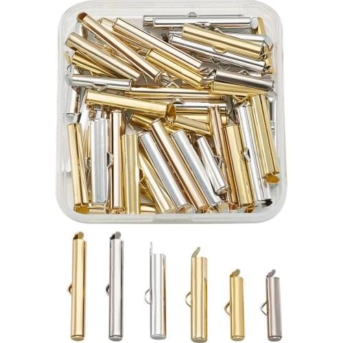 1Box/60pcs 3 Size Brass Slide On End Clasp Tubes Slider End Caps, Platinum & Golden, Containers: 7.4x7.2x1.7cm; 60pcs/box