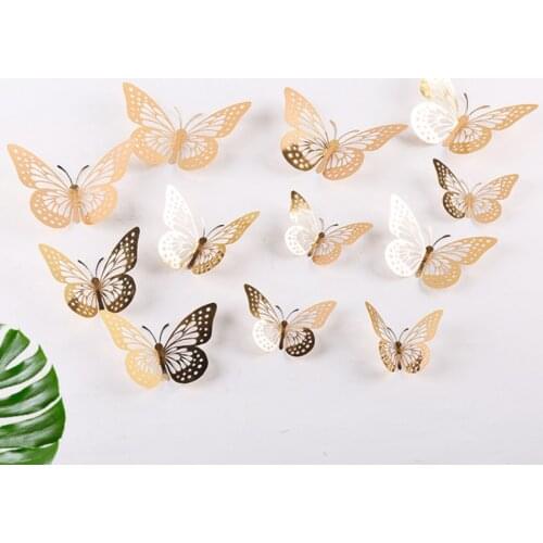 12pcs/set Rose Gold Silver Simulation 3D Butterfly Wall Sticker Kids Room Home Decor Birthday Party Wedding Decoration Supplies