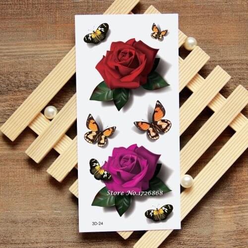 3D Rose Butterfly Fake Tattoo Decals Temporary Tattoo Body Art Flash Tattoo Stickers Waterproof For Women Men #024