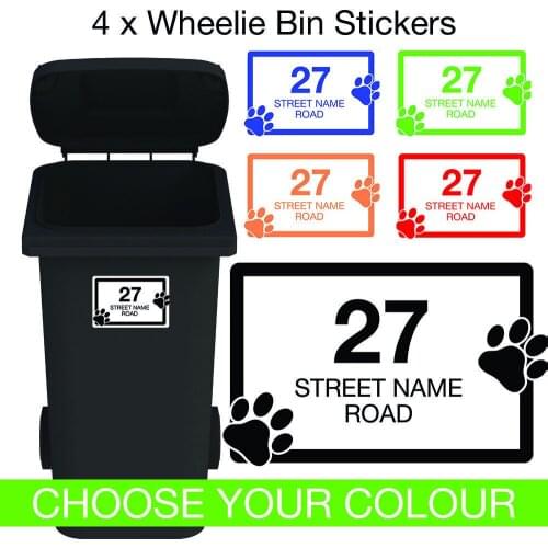4 x Dog Paw Wheelie Bin House Number / Name Stickers - Choose a Colour