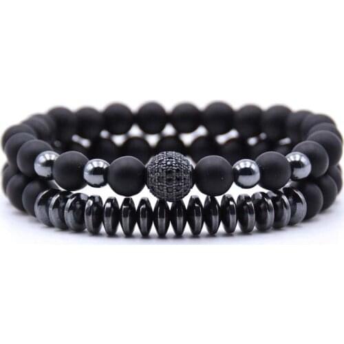 Fashion Men Set Bracelet Zircon 8MM Natural Stone Black Micro-inlaid Ball Beaded Bracelets Elastic Rope Handmade