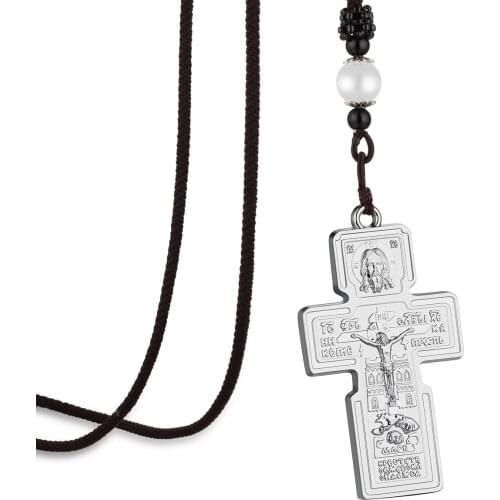 Orthodox Jesus Christ Cross Pendant Crucifix Pantocrator Christian Necklace for Men Braided Rope Chain Church Pray Jewelry