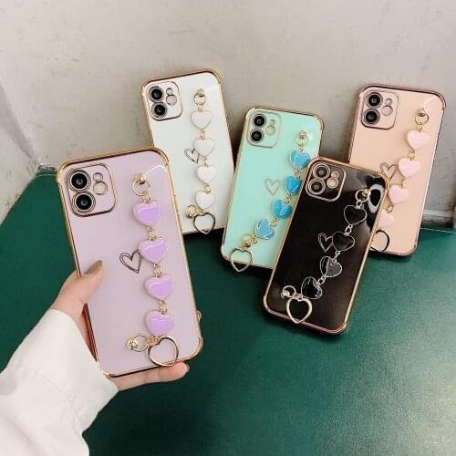 For iPhone 12 Mini 11 Pro Max X XS MAX XR 8 7 SE Fashion Cute 6D Electroplated Case Cover With Small Love Heart Bracelet Chain