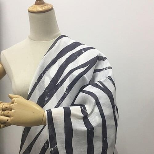 Black white irregular striped design silk linen natural fabric with white spots,SLN200