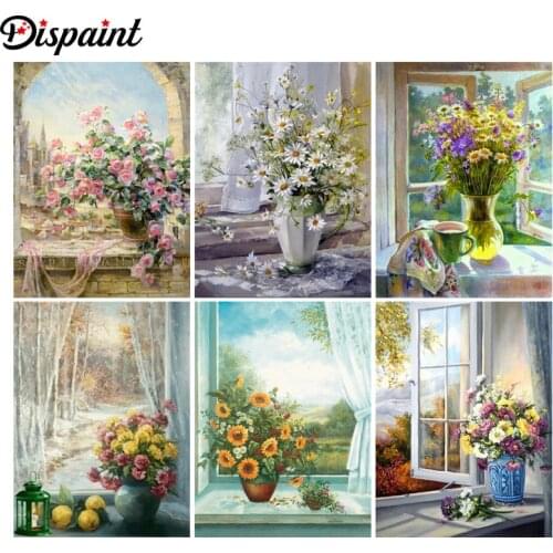 Dispaint Diy Full Square Round Drill 5D Diamond Painting Cross Stitch Diamond Embroidery "Flower window scenery" Home Decor Gift