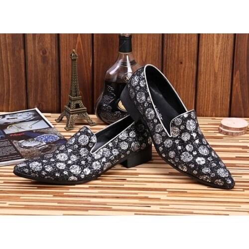 Men Fashion Loafers Bling Bling Shoes Men Smoking Slippers Leisure Flats Party Club Dress Shoes Flats