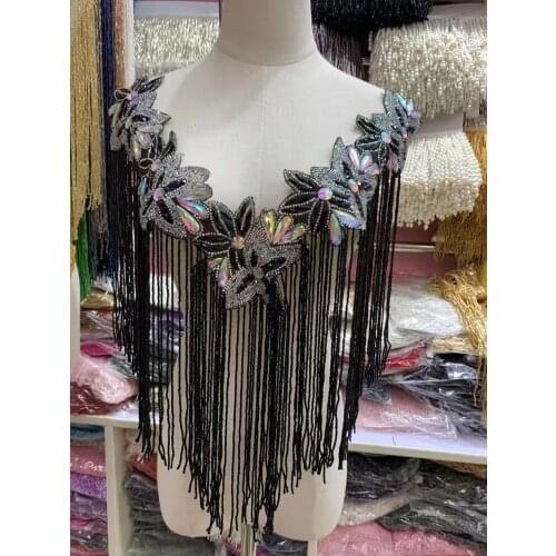 Hot sale new wedding embroidered crystal beaded tassels collar appliques multicolor Deep-V neck flower for accessories