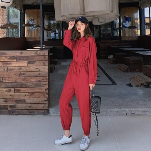 Jumpsuit Women Long Sleeve Single Breasted Shirt One Piece Cargo Pants Sets Female Streetwear Slim High Waist Overalls Romper