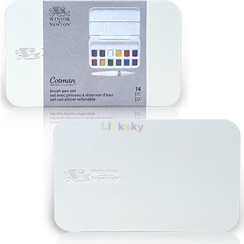 WINSOR & NEWTON Cotman Watercolors Brush Pen Set 12 Half Pans + Brush,With a mixing palette inside the lid,Art supplies
