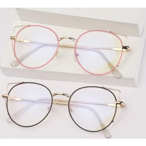 Fashion Classic Metal Glasses Flat Mirror Eyewear Women Men Optical Spectacle Cat Ear Round Frame High-definition Glasses