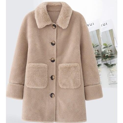 Lambs Wool Coat Womens Short Section Lengthened Winter Thickened Warmth Large Pockets Plus Velvet Particles Plush Fur Coat y257