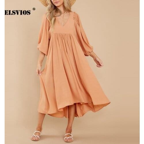 Spring Summer Womens Solid Dress Elegant V-Neck Pleated Stitching High Waist Midi Dress Outfit Fashion Commuter Ruffle Vestidos