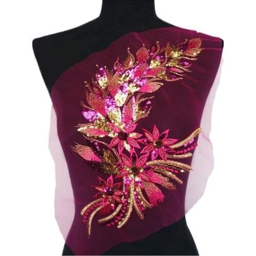 Rose Red Gold Sequins Feather Tail Flowers Appliques Lace Trims Mesh Sew On Patch Embroidery For Wedding Gown Decoration DIY