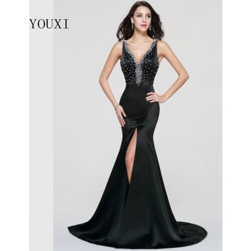 Sexy V-Neck Long Evening Dresses 2019 New Black Satin Beaded Crystal Mermaid Formal Prom Gowns FED32