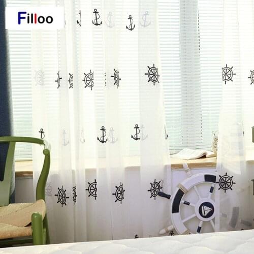 Sail Boat Navy Embroidered Children Draper Boys Sheer Curtains for Living Room Bedroom SailorTulle White Voile Curtains