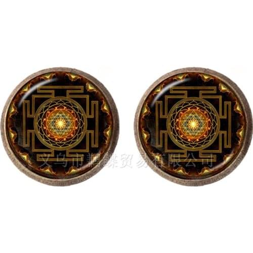 OM Yoga Trendy Stud Earrings Mandala Flower of Life 12mm Glass Dome Cabochon Earrings For Women Girls Jewelry Gift