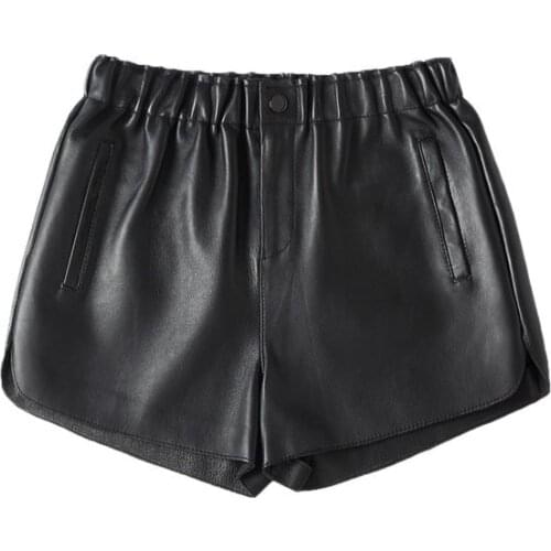 318 Star Celebrity All-match Elastic Waist Sheep Leather Shorts Womens Hot Pants Women Genuine Leather Shorts