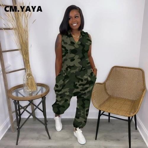 CM.YAYA Women Jumpsuit Camouflage Sleeveless V-neck Pockets Loose Jumpsuits Female Casual Fashion Streetwear Summer Outfit 2021
