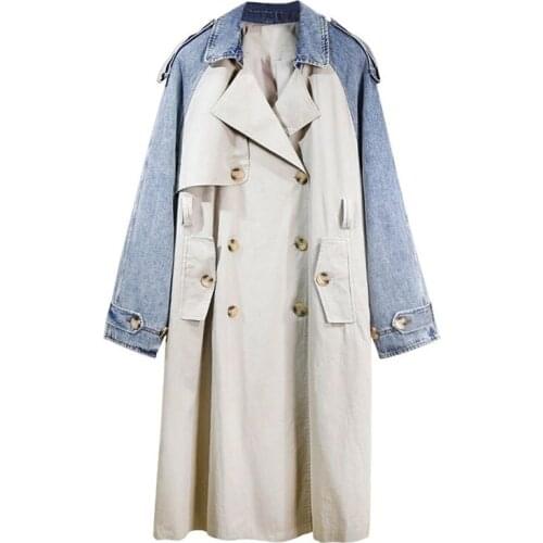 Plus Size Denim Splice Trench Coat Women 2021 Spring Autumn Loose Long Windbreaker Casual Belt Double Breasted Outwear Oversize