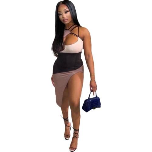 Sexy Cut out Knee Dress Women High Split Patchwork Dresses Hollow out Asymmetric Neck Bodycon Sundresses Summer Streetwear 2021