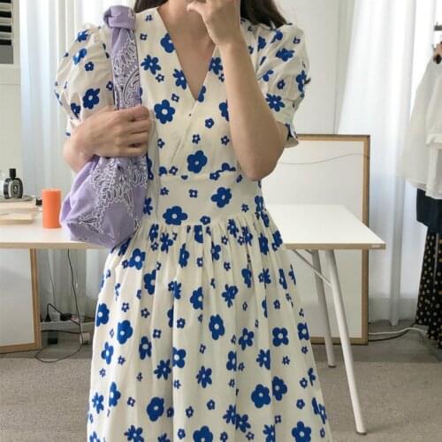 Women Summer Sweet V Neck Puff Sleeve High Waist Long Floral Dress Daisy Flower Midi Dresses 2020