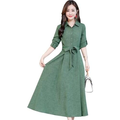 Dress For Women 2019 Spring Autumn Female New Shirt Dress Belt Waist Thin Solid Color Elegant Party Mid-Length Dress M-3XL Q143