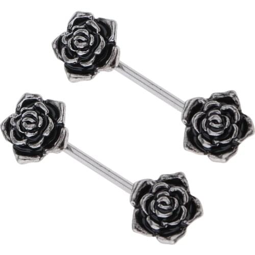 1 Pair Vintage Punk Stainless Steel Rose Flower Barbell Bar Straight Nipple Shield Ring 14 Gauge