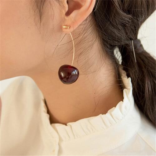 1 Pair Red Cherry Fruit Shaped Drop Earrings Girl Sweet Bohemian Women Cherry Earrings Fruit Stud Dangle Long Crystal Earrings