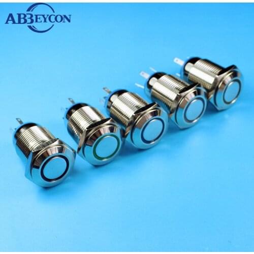 16mm Momentary 12V Blue O-Ring LED Illuminated Solder Terminal Waterproof Flat Head Metal Shell Push Button Switch