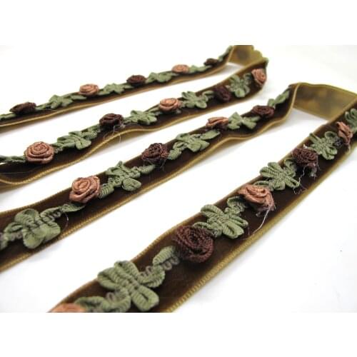 15mm Velvet with Woven Rococo Ribbon Trim with Rose Flower BudsDecorative Floral Ribbon Sewing Supplies