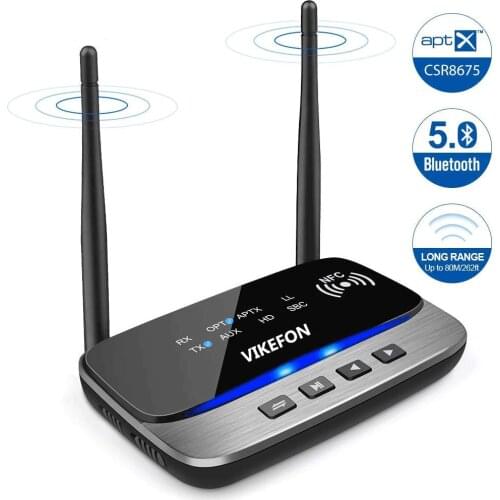 VIKEFON 262ft Long Range 5.0 Bluetooth Audio Transmitter Receiver NFC aptX HD apt-X Low Latency Wireless Adapter for TV PC Car