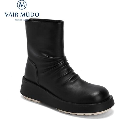 VAIR MUDO Ankle Boots Shoes Thick Bottom Black White Autumn WInter Round Toe Platform Genuine Leather Eleagnt Fashion DX127L