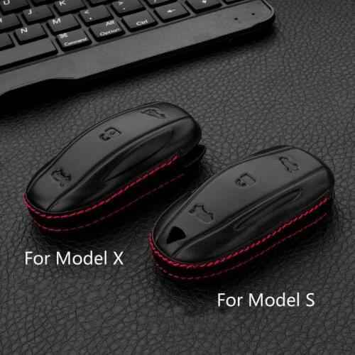 For Tesla Model S Model X Keychain Leather Remote Control 3 Buttons Fob Holder Cover Key Case Car Styling Smart Keys