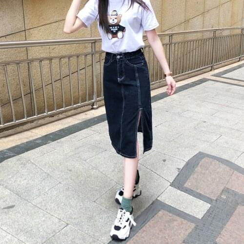 Girl Retro Denim Midi Skirt Split Casual Streetwear High Waist A-Line Women Jeans Skirt Summer Harajuku Pocket Saia Mujer XS-XL