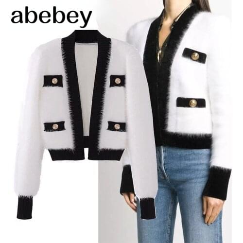 Cardigan Women Elegant Sexy V-Neck Button Up Fake Mink Fur Clothes Luxury Brand Autumn Winter 2020 Coats Knitted Sweater Outwear
