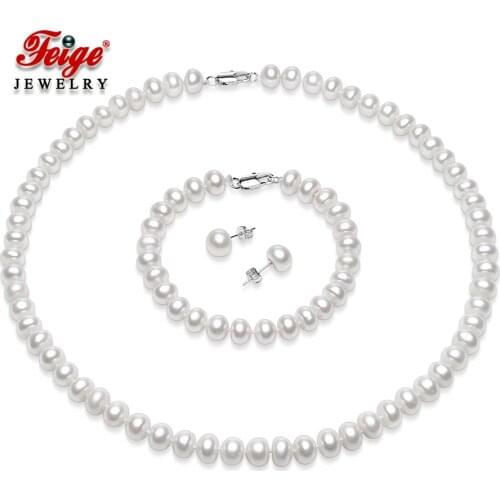 FEIGE 8-9mm Natural White Freshwater Pearl Jewelry Sets For Women Pearls Necklace Set 925 Sterling Silver Earrings Fine Jewelry