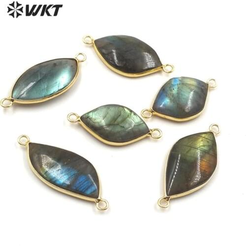WT-C292 WKT Stone Connectors Labradorite Connector Gold Electroplated Leaf Shape Fashion Connectors Pendant For Jewelry Making