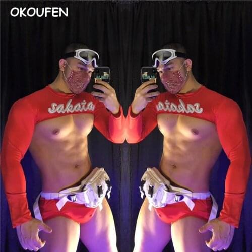 Nightclub Male Singer Red muscle Ds Costume set Dance Teams Pole dancing performance outfit Party stage show wear