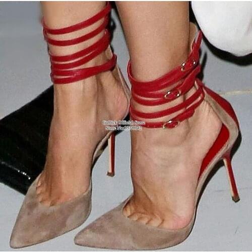 Fashion Red Beige Suede Patchwork Dress Shoes Pointed Toe Ankle Strap Cut-out Stiletto Heel Pumps Big Size 10 Drop Ship
