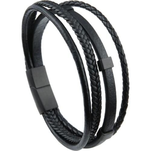 Vanbula Fashion Retro Multi-Layer Braided Stainless Steel Charm Mens Leather Rope Bracelet Jewelry Holiday Gift Bracelet