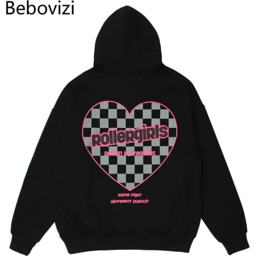 Hip Hop Mens Hoodie Sweatshirt Checkerboard Plaid Love Print Harajuku Hoodie Streetwear Autumn Casual Black Pullover Cotton